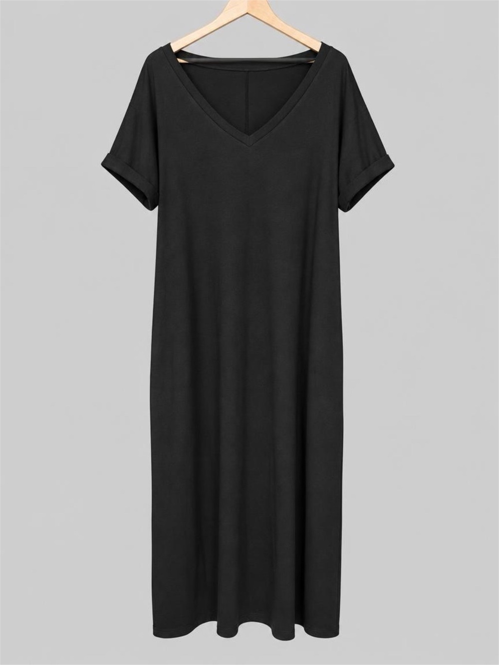 SHEIN Curve Black V-Neck Maxi T-Shirt with Rolled Short Sleeves - 4XL